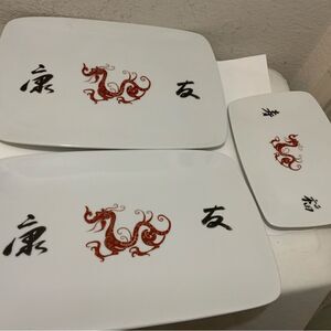Set 3 Bia Cordon Bleu Red Dragon Stoneware Platter 2 platters 14.5" x10" one 9x6